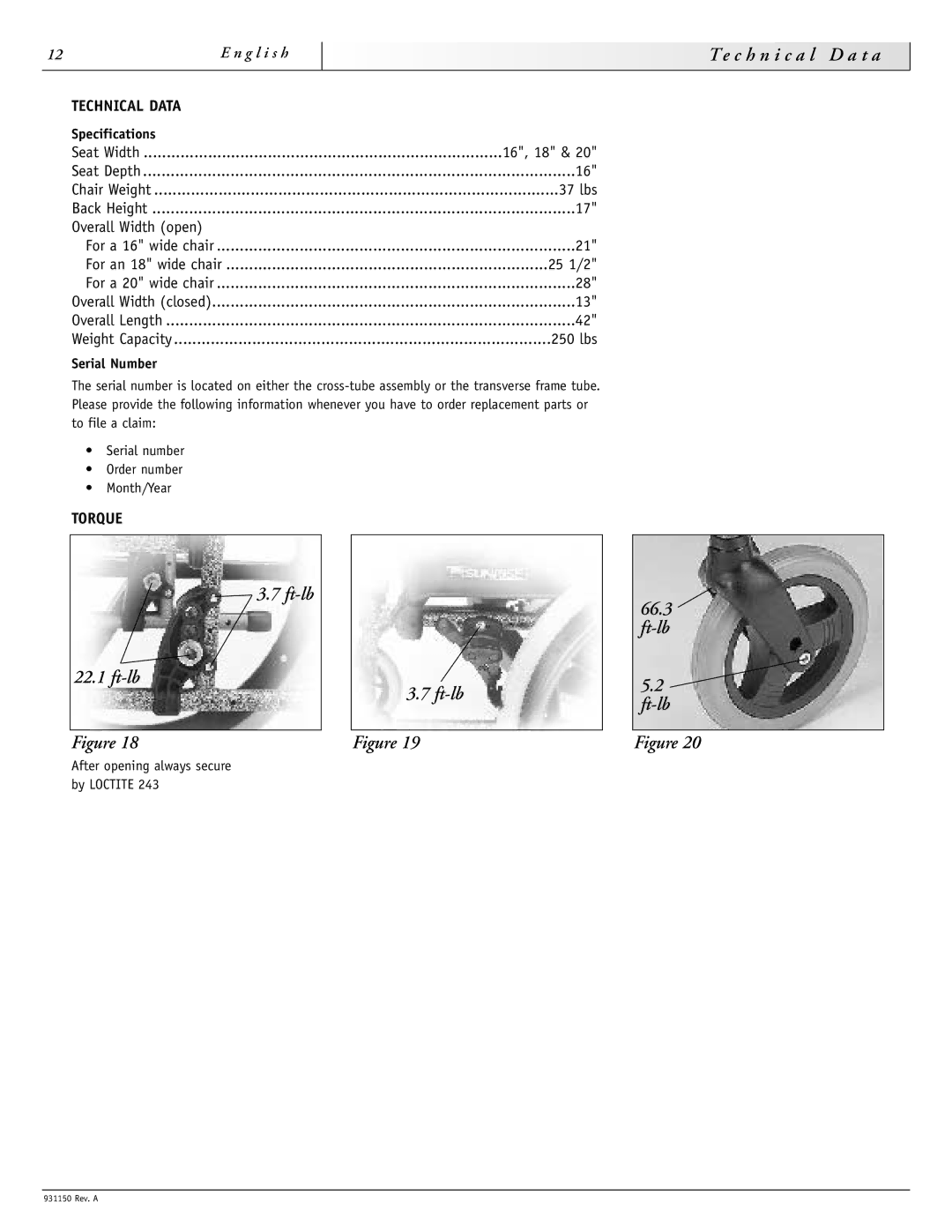 Sunrise Medical 931150 instruction manual C h n i c a l D a t a, Ft-lb, Technical Data, Torque 