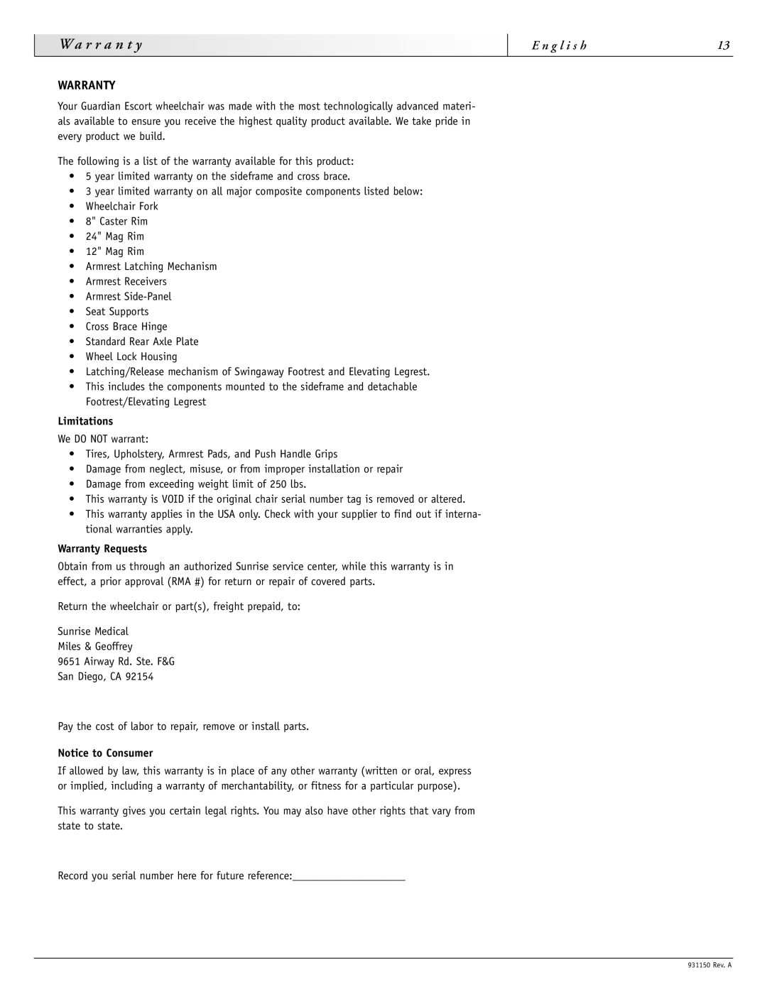 Sunrise Medical 931150 instruction manual R a, Limitations, Warranty Requests 