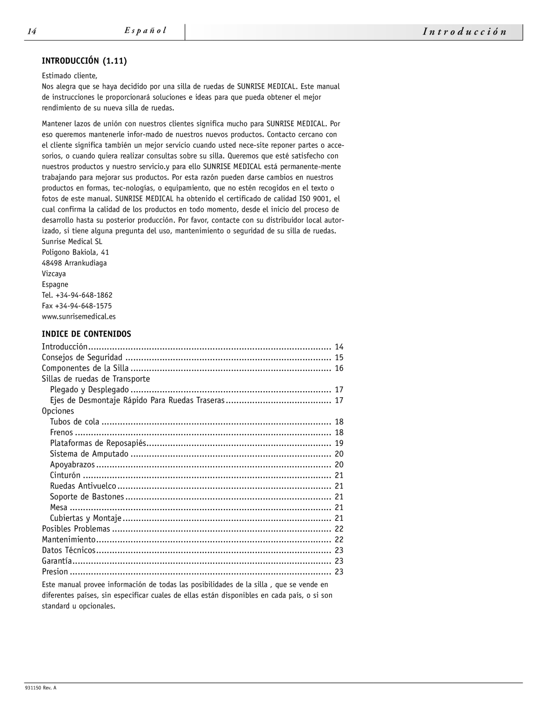 Sunrise Medical 931150 instruction manual T r o d u c c i ó n, Introducción, Indice DE Contenidos 