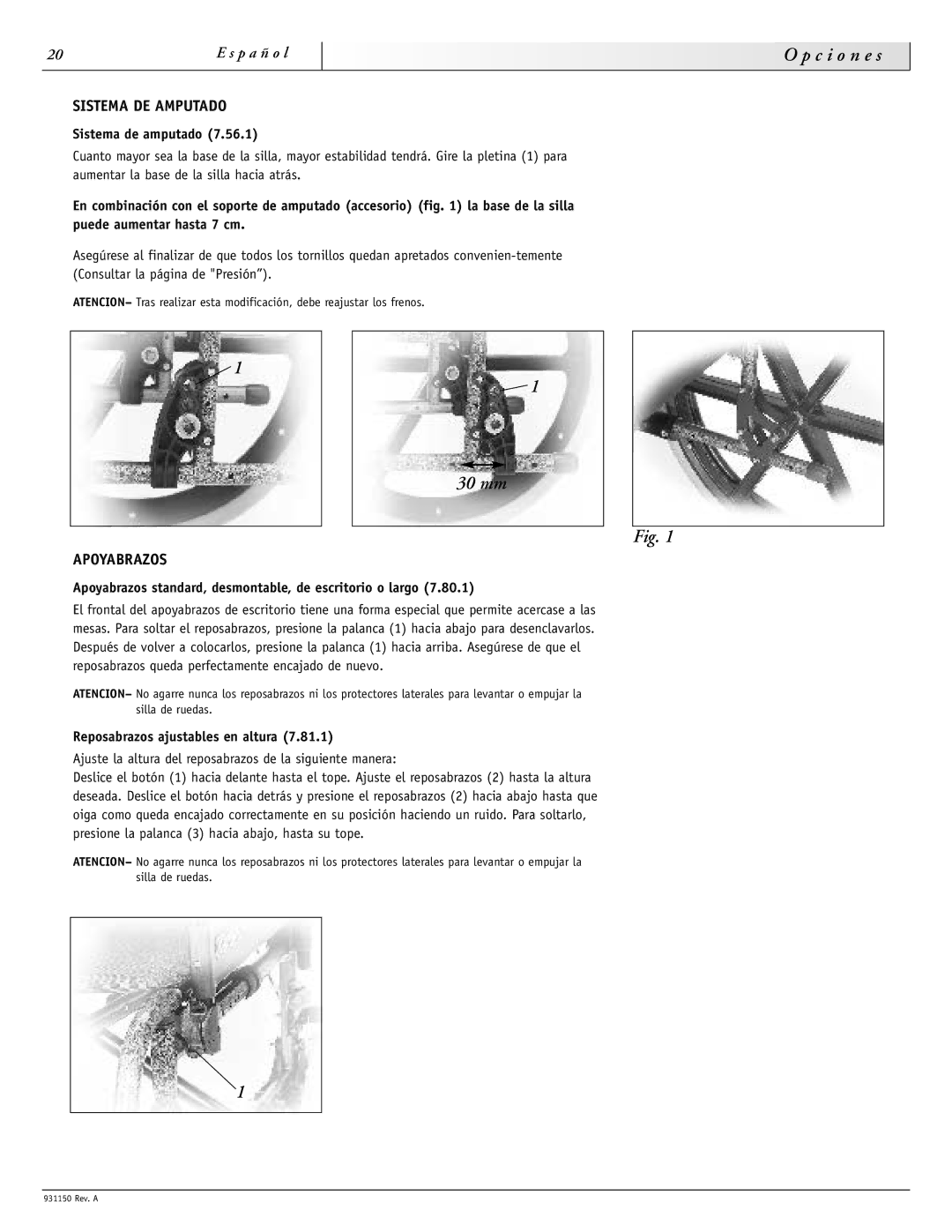 Sunrise Medical 931150 instruction manual 30 mm, Sistema DE Amputado, Apoyabrazos 