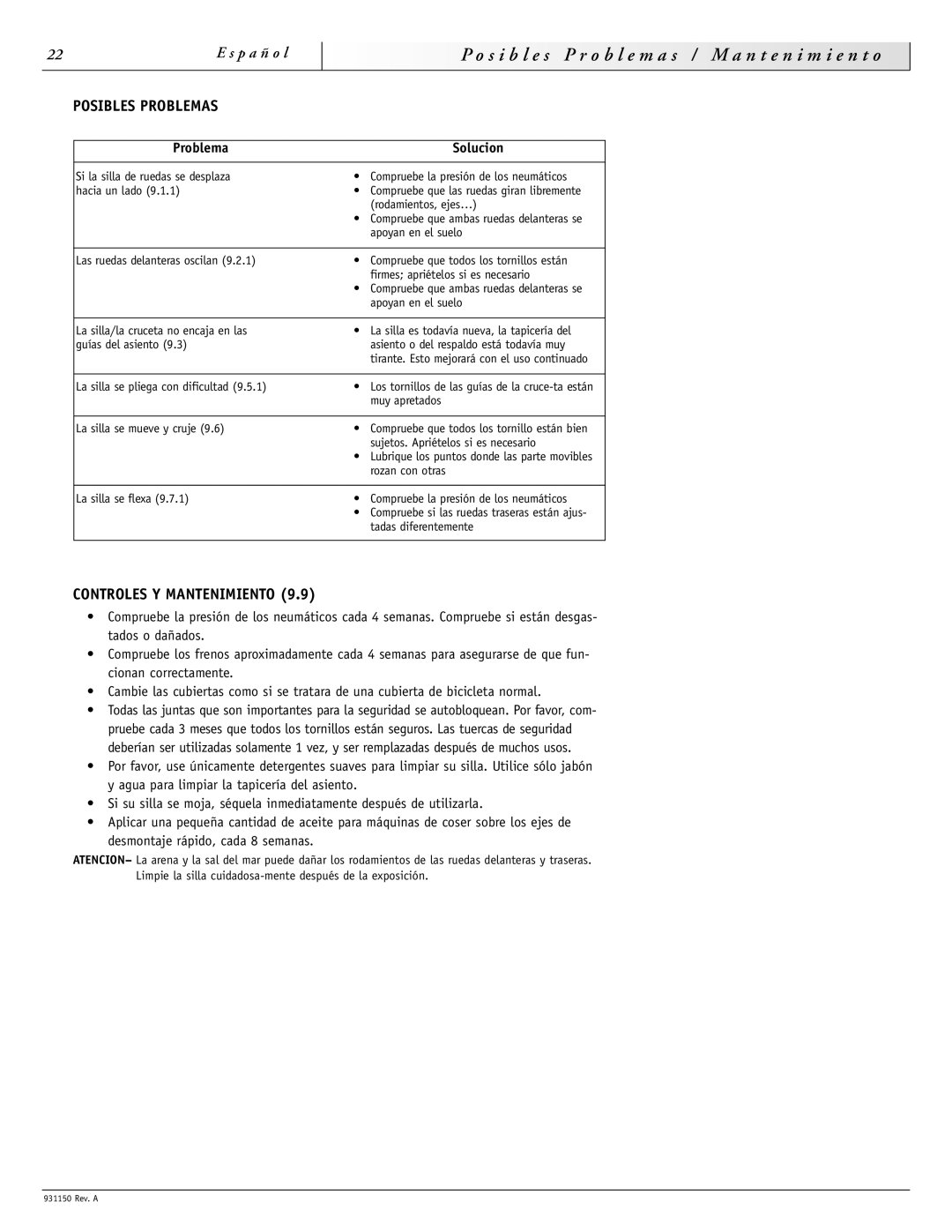 Sunrise Medical 931150 S i b l e s O b l e m a s N t e n i m i e n t o, Posibles Problemas, Controles Y Mantenimiento 