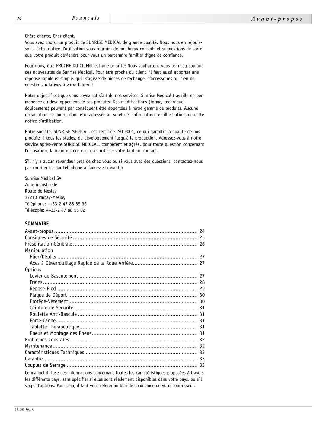 Sunrise Medical 931150 instruction manual A n t p r o p o s, Sommaire 