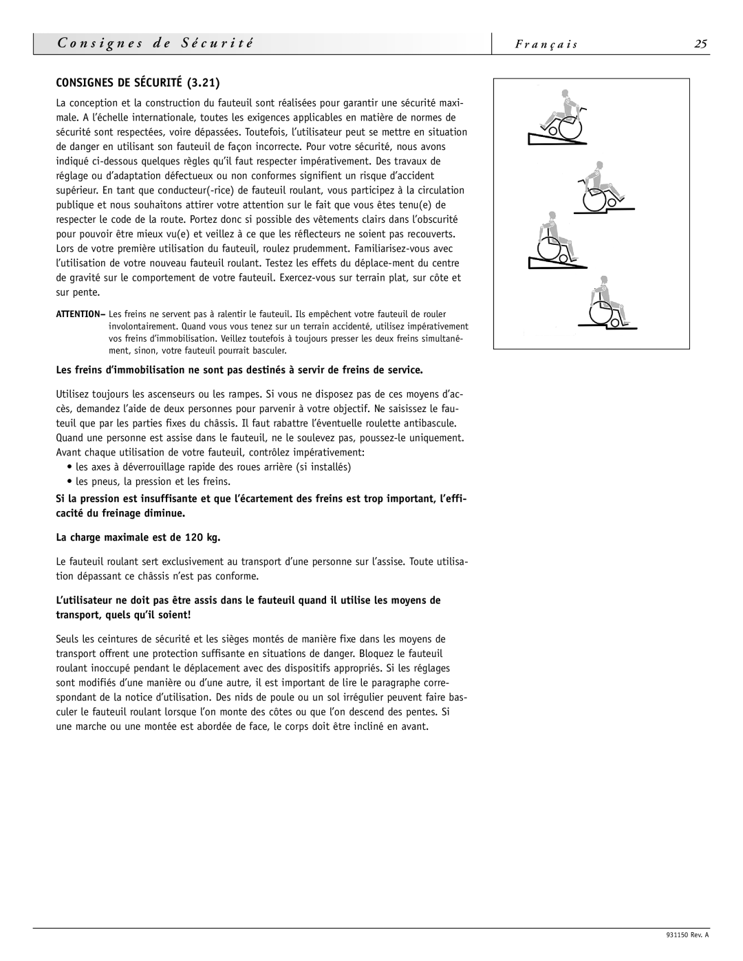 Sunrise Medical 931150 instruction manual Consignes DE Sécurité 