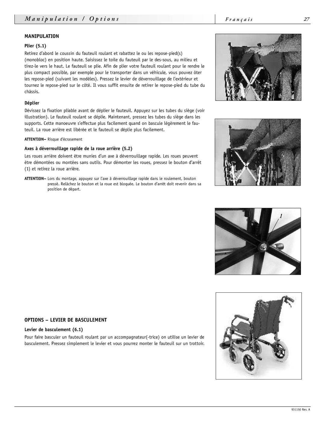 Sunrise Medical 931150 instruction manual Manipulation, Options Levier DE Basculement 