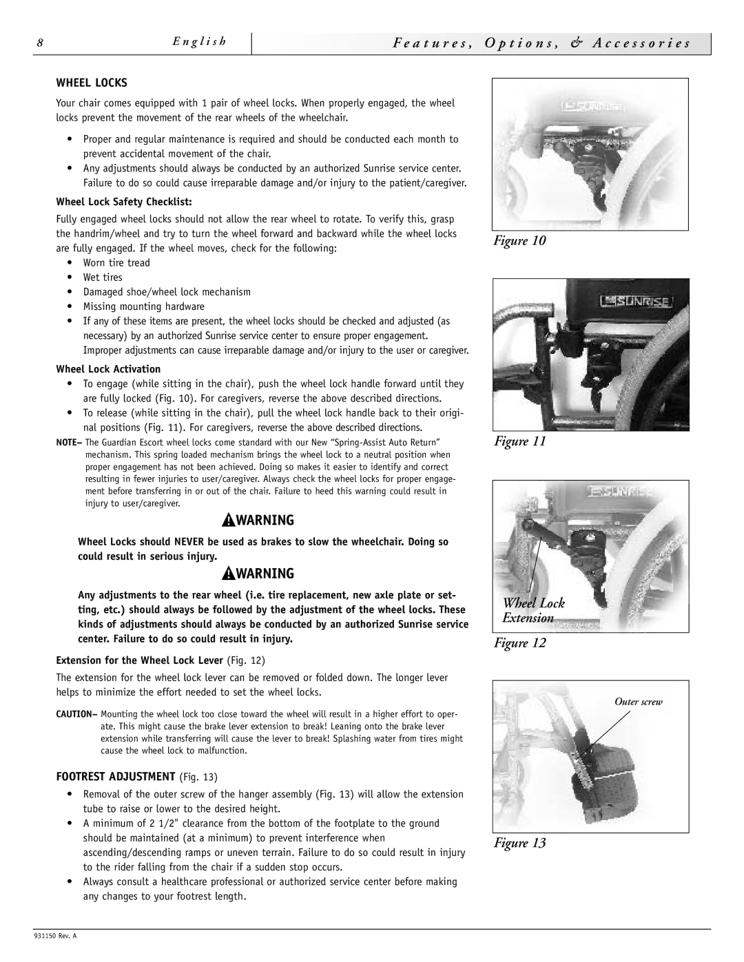 Sunrise Medical 931150 Wheel Lock Extension, Wheel Locks, Footrest Adjustment Fig, Wheel Lock Safety Checklist 