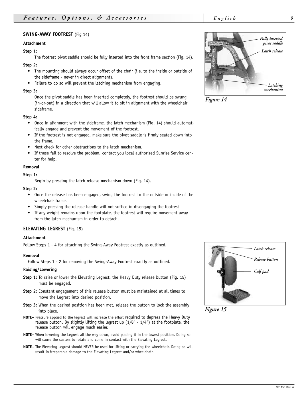 Sunrise Medical 931150 instruction manual SWING-AWAY Footrest Fig, Elevating Legrest Fig 