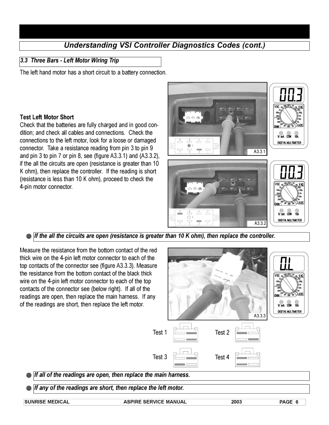 Sunrise Medical 931157 service manual Three Bars Left Motor Wiring Trip, Test Left Motor Short 