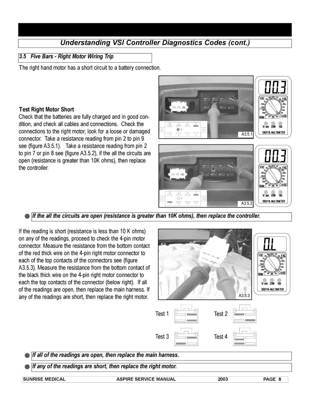 Sunrise Medical 931157 service manual Five Bars Right Motor Wiring Trip, Test Right Motor Short 