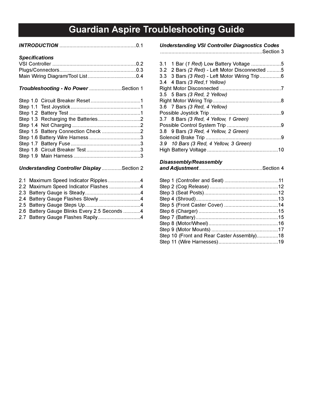 Sunrise Medical 931157 service manual Guardian Aspire Troubleshooting Guide, Specifications 