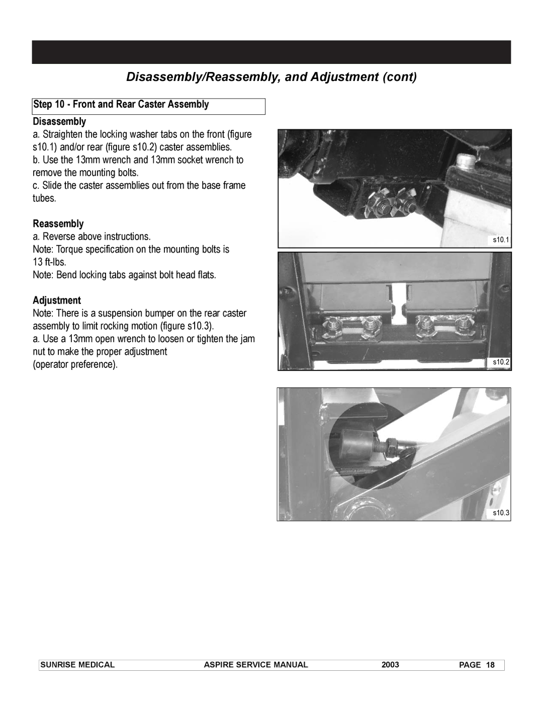 Sunrise Medical 931157 service manual Front and Rear Caster Assembly Disassembly 