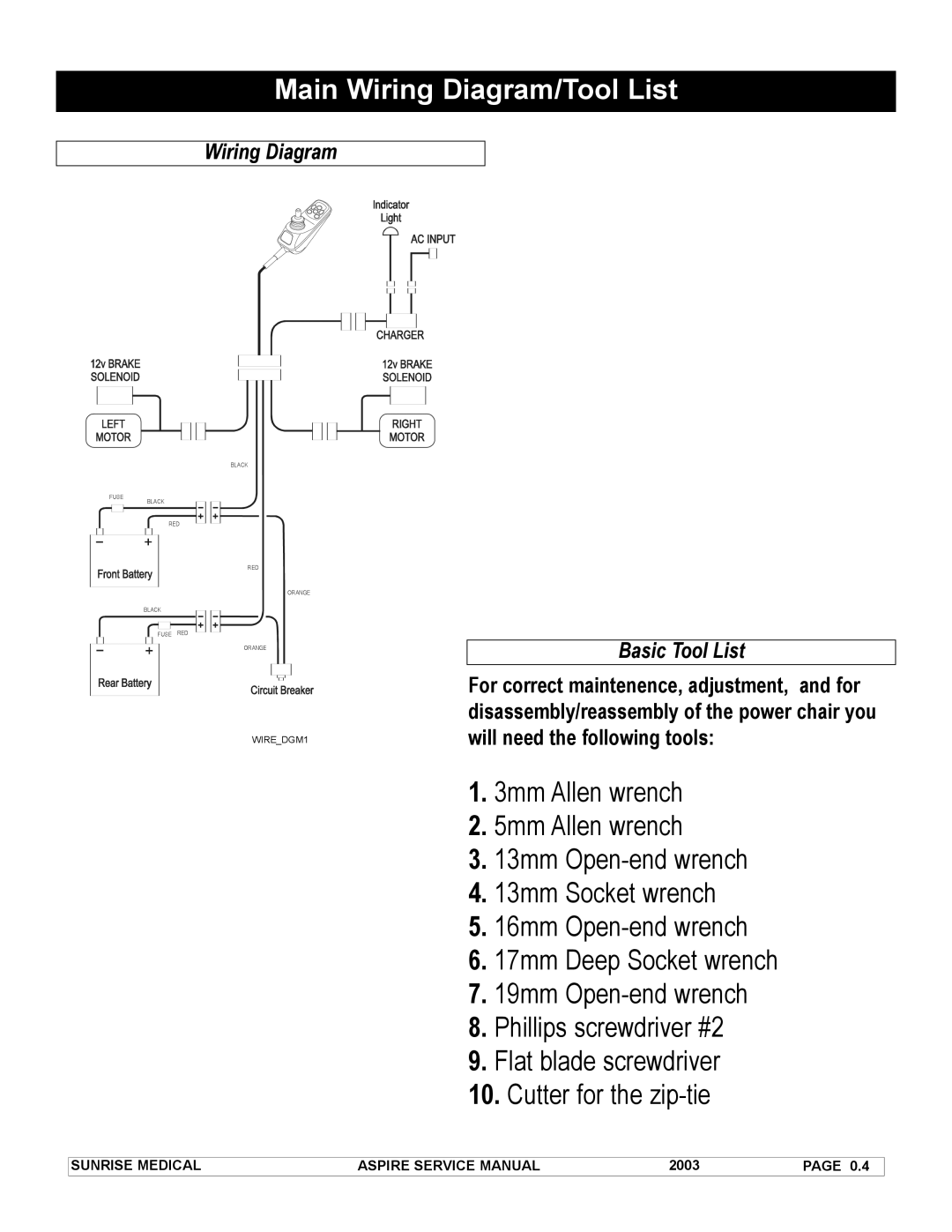 Sunrise Medical 931157 service manual Main Wiring Diagram/Tool List, Basic Tool List 