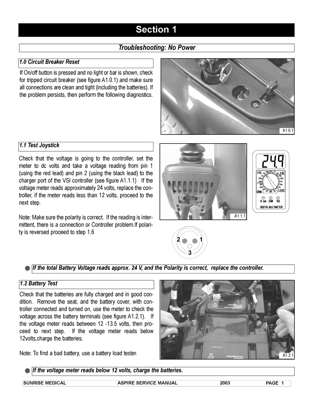 Sunrise Medical 931157 service manual Section, Troubleshooting No Power, Circuit Breaker Reset, Test Joystick 