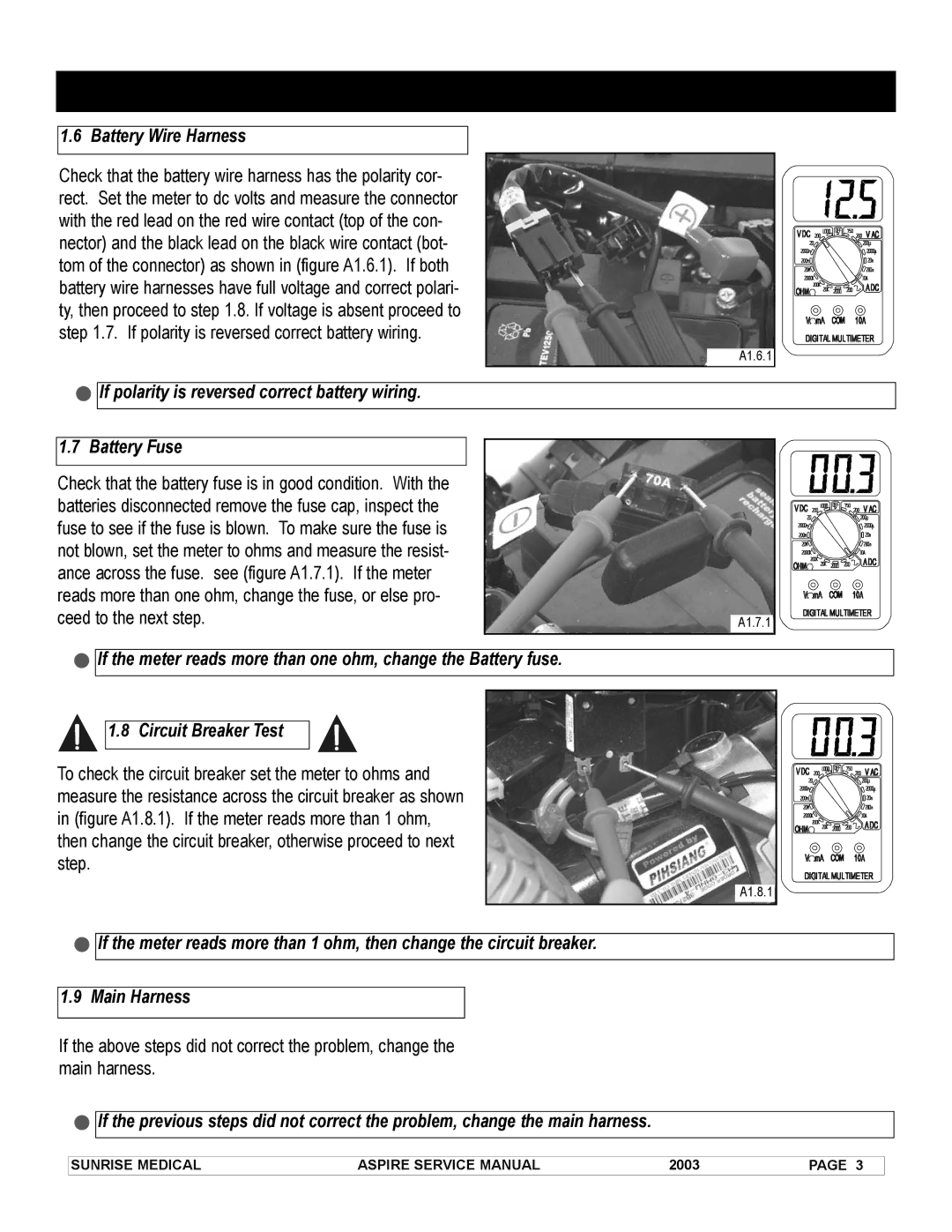 Sunrise Medical 931157 service manual Battery Wire Harness, If polarity is reversed correct battery wiring Battery Fuse 