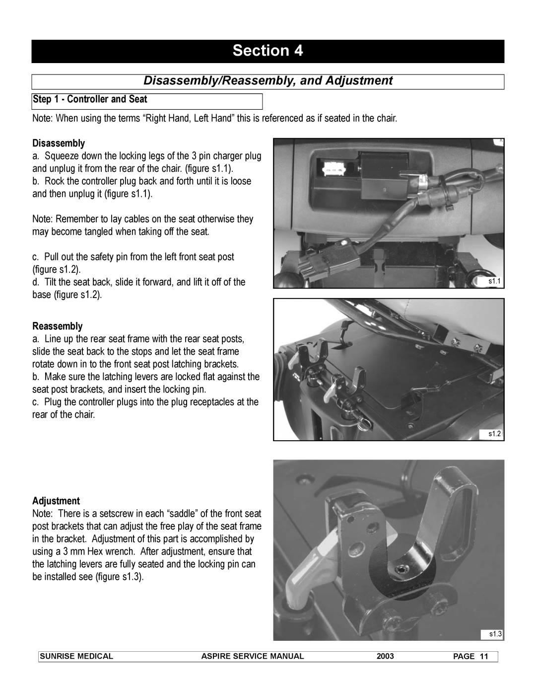 Sunrise Medical 931157 service manual Section, Disassembly/Reassembly, and Adjustment, Controller and Seat 