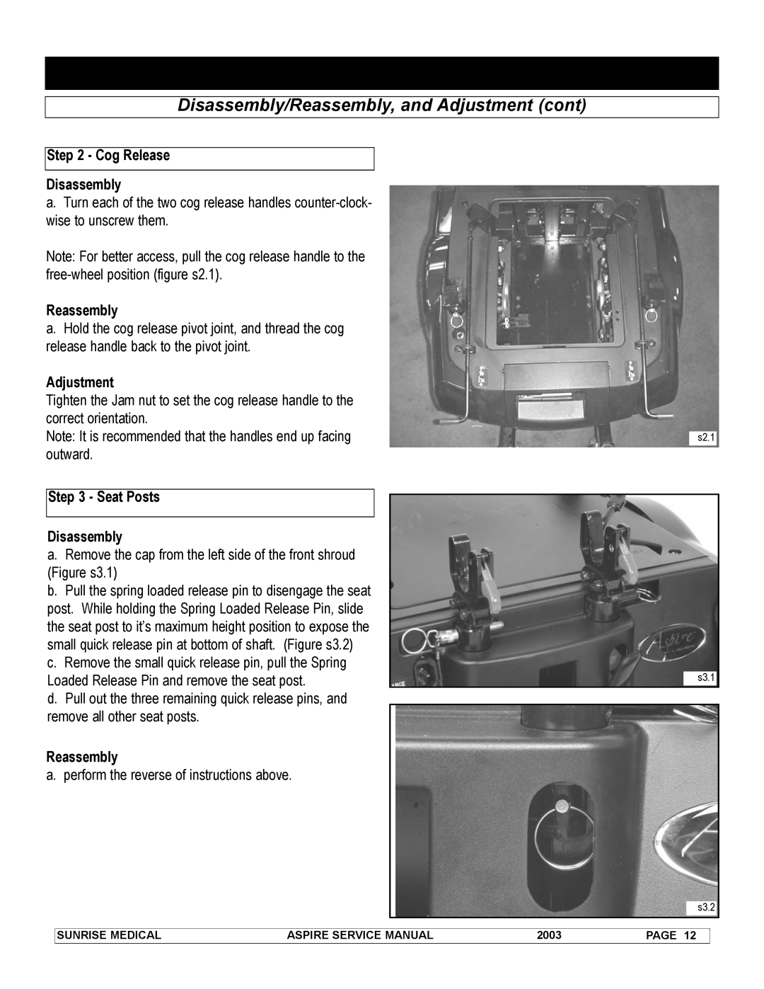 Sunrise Medical 931157 service manual Disassembly/Reassembly, and Adjustment cont 