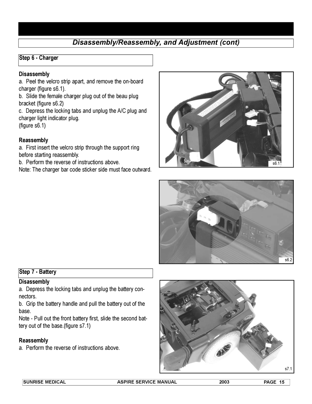 Sunrise Medical 931157 service manual Disassembly/Reassembly, and Adjustment cont, s6.1 s6.2 s7.1 