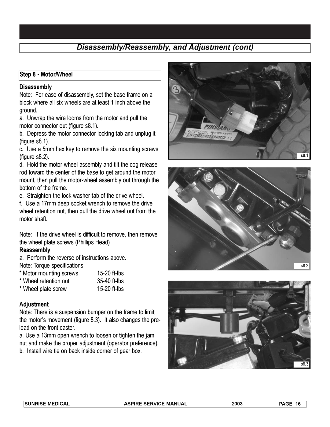 Sunrise Medical 931157 service manual Disassembly/Reassembly, and Adjustment cont, s8.1 s8.2 s8.3 
