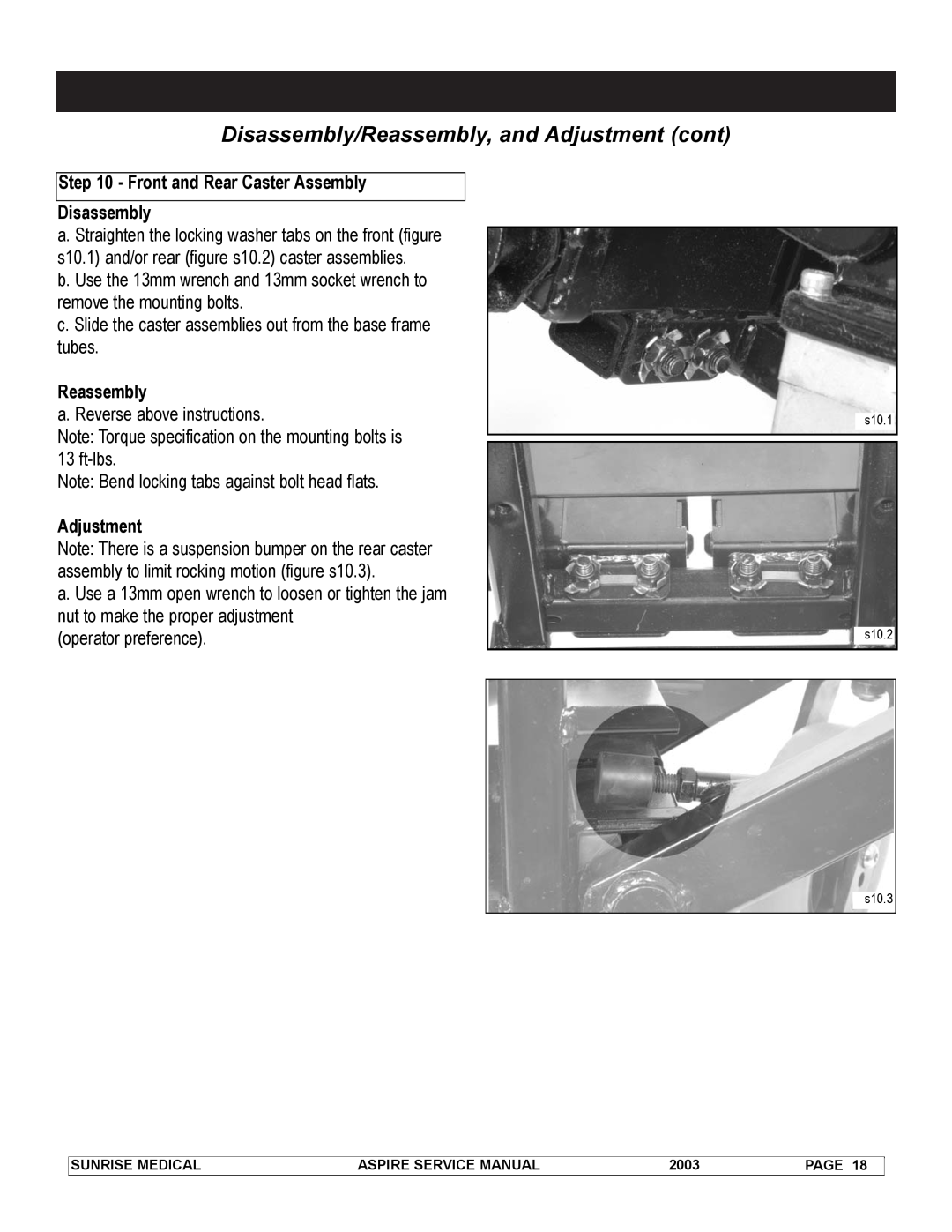 Sunrise Medical 931157 service manual Disassembly/Reassembly, and Adjustment cont, s10.1 s10.2 s10.3 