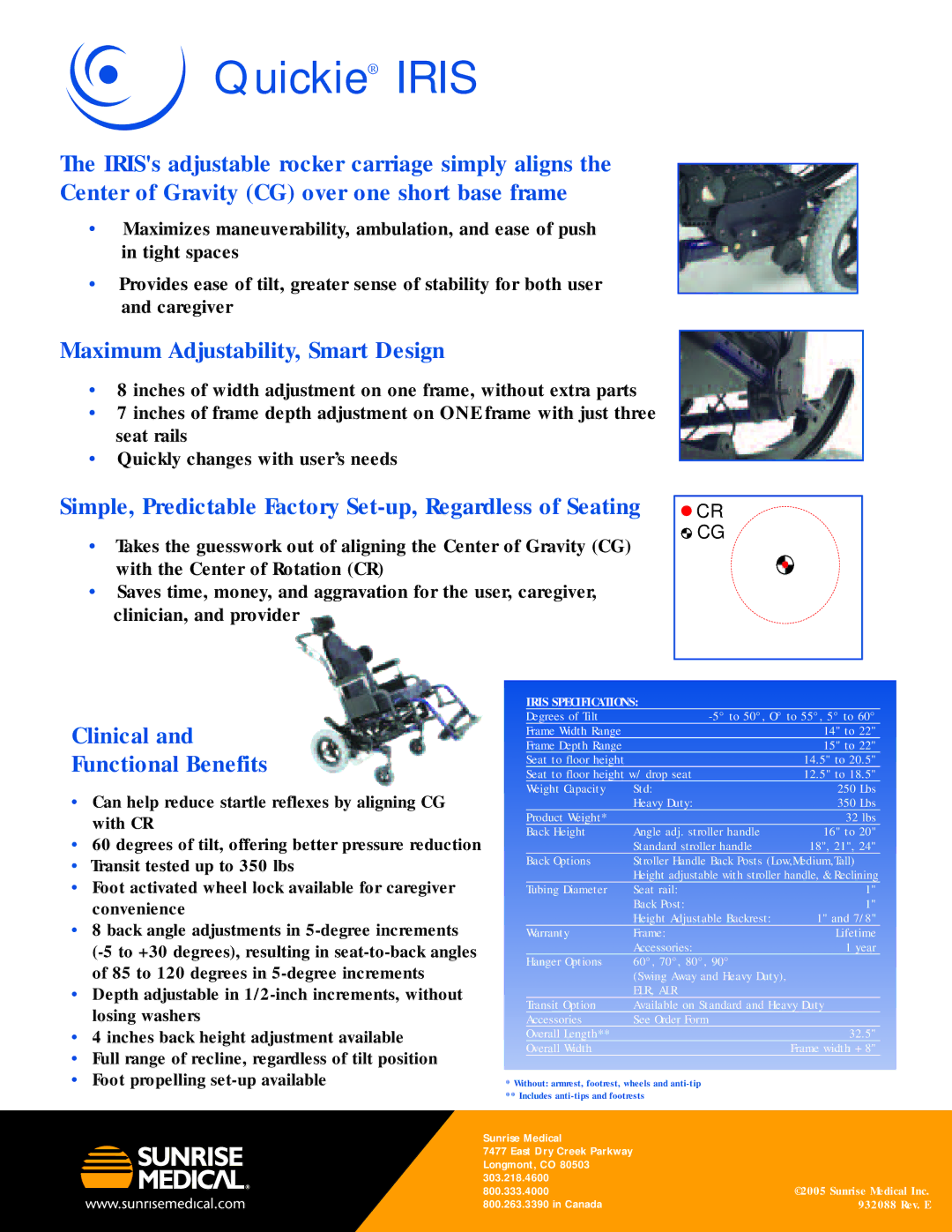 Sunrise Medical 932088 manual Quickie Iris, Maximum Adjustability, Smart Design, Clinical Functional Benefits 