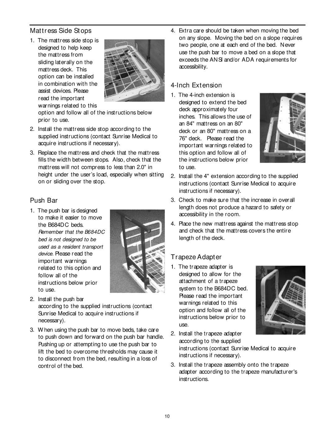 Sunrise Medical B684DC user service Mattress Side Stops, Push Bar, Inch Extension, Trapeze Adapter 