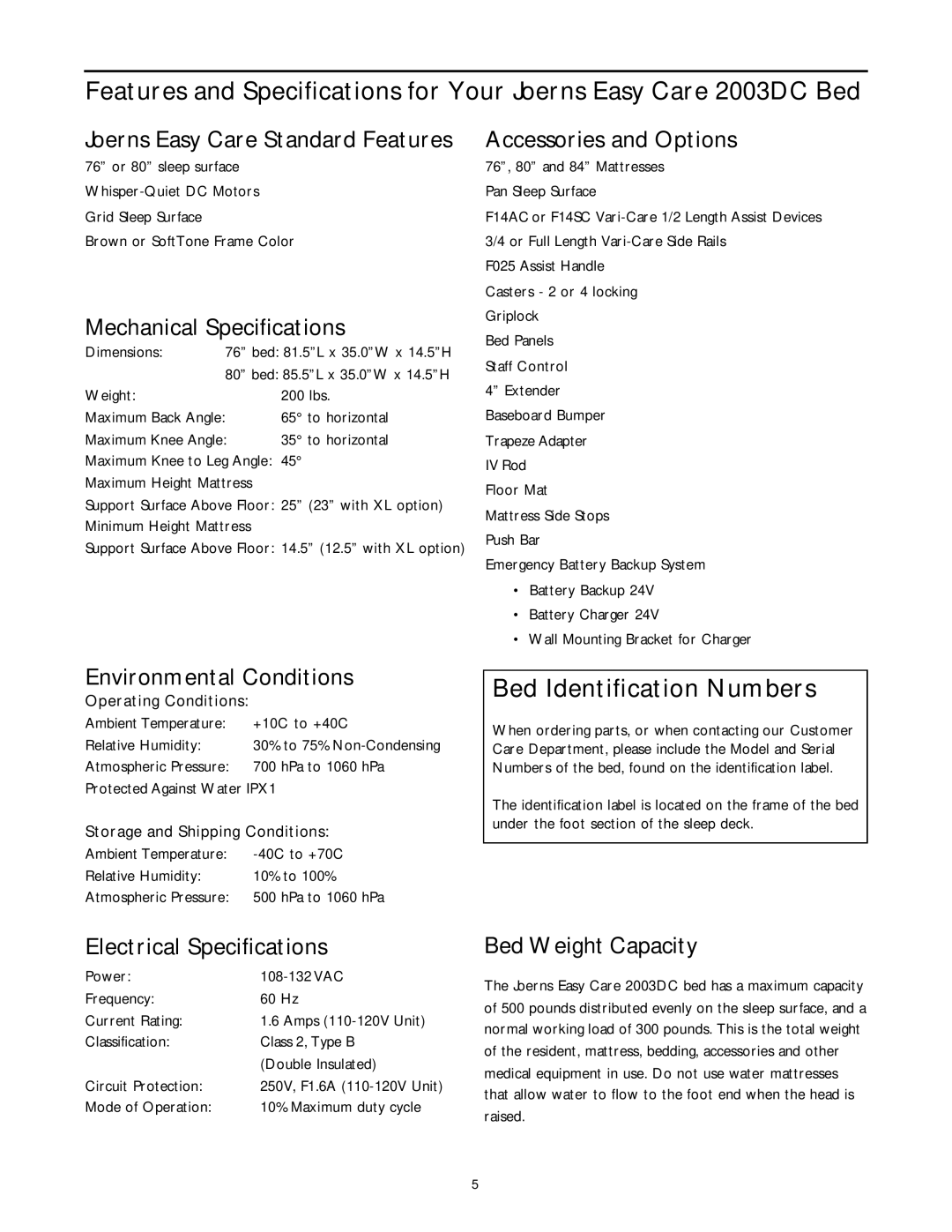 Sunrise Medical B684DC user service Bed Identification Numbers, Joerns Easy Care Standard Features 