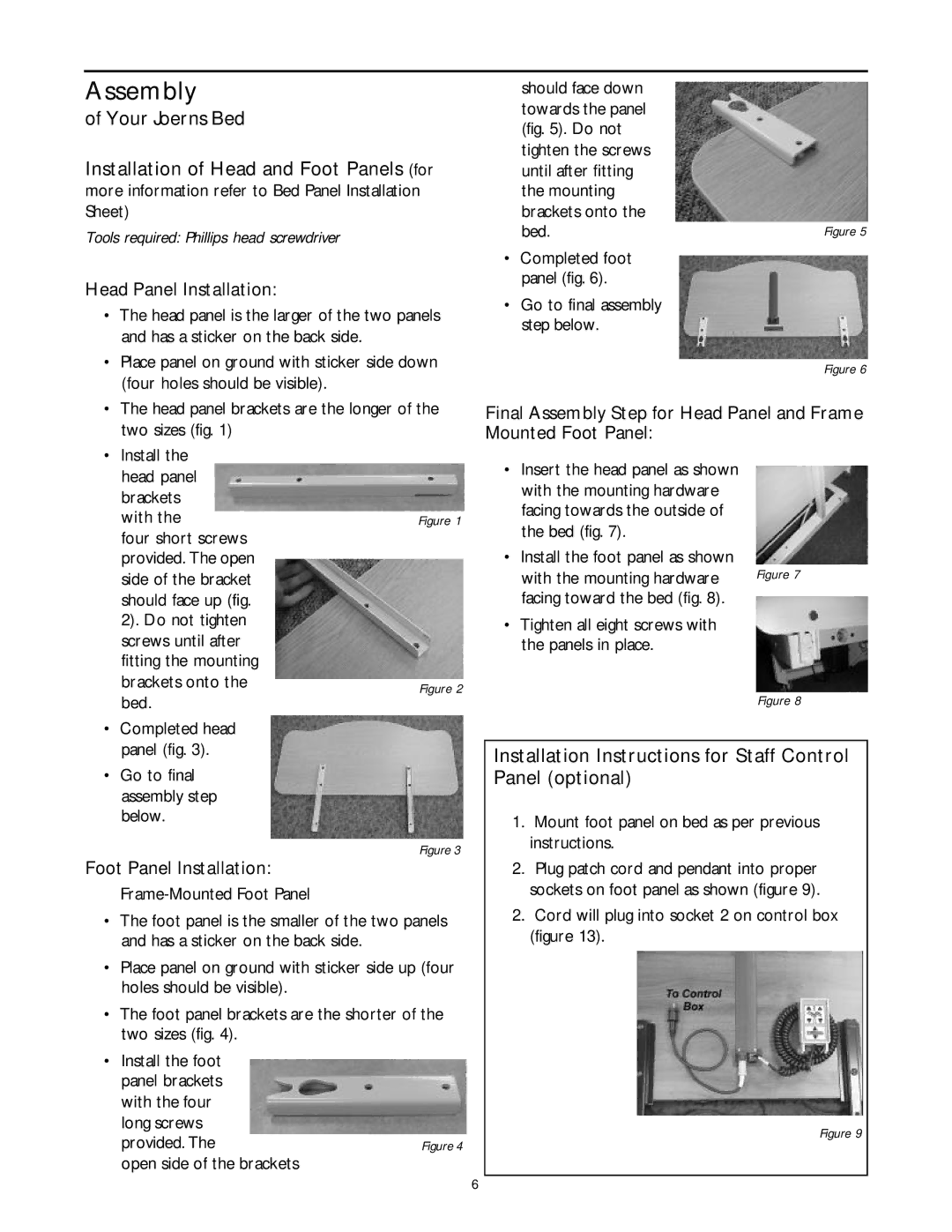 Sunrise Medical B684DC user service Assembly, Your Joerns Bed, Installation Instructions for Staff Control Panel optional 