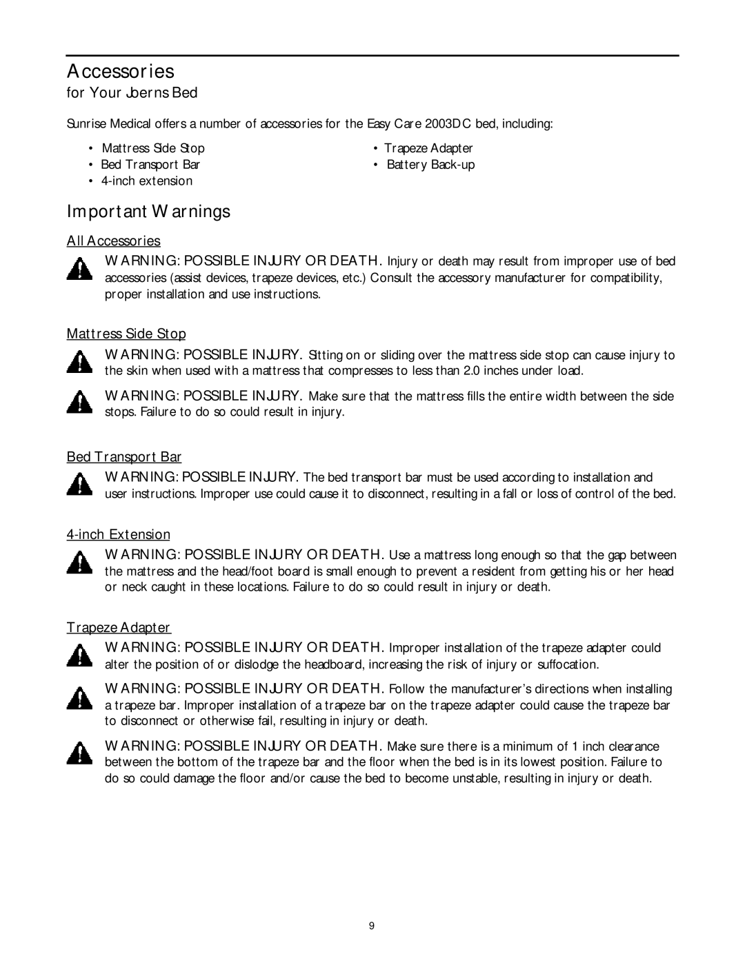 Sunrise Medical B684DC user service Accessories, For Your Joerns Bed 