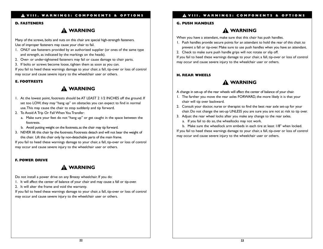 Sunrise Medical Breezy 100, Breezy 150 instruction manual Fasteners, Footrests, Power Drive, Push Handles, Rear Wheels 