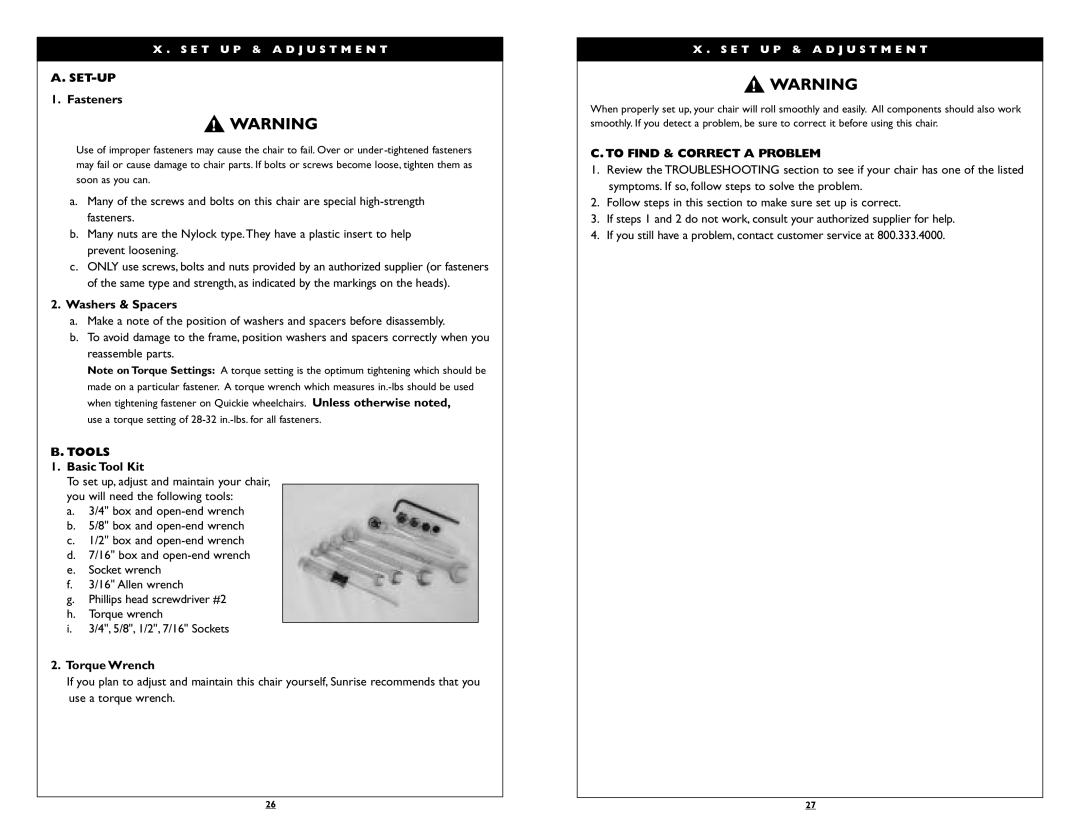 Sunrise Medical Breezy 100, Breezy 150 instruction manual Set-Up, Tools, To Find & Correct a Problem 