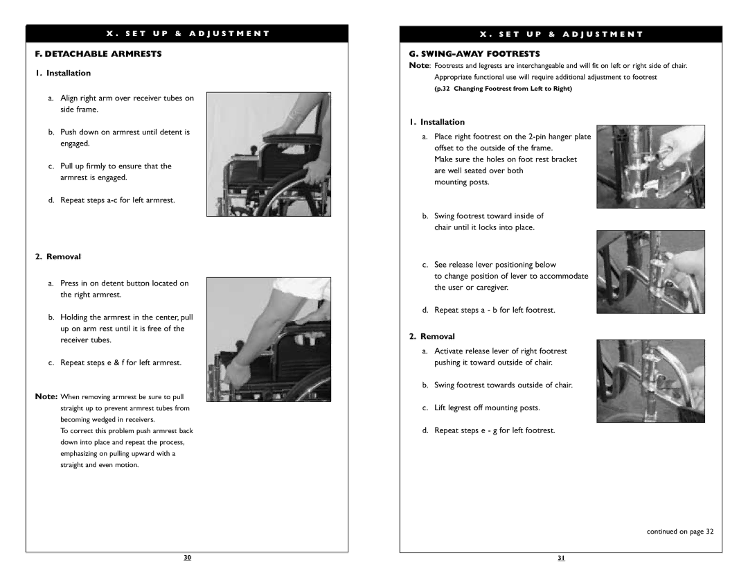 Sunrise Medical Breezy 100, Breezy 150 instruction manual Detachable Armrests, Installation, Removal, SWING-AWAY Footrests 