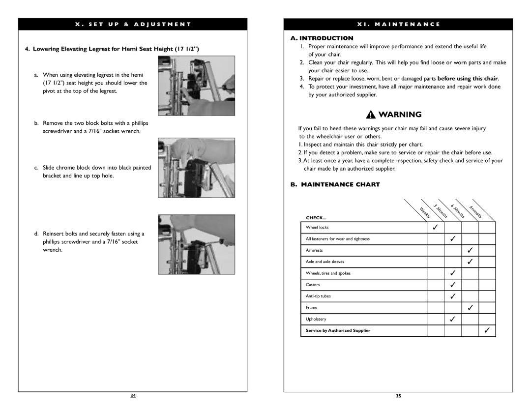 Sunrise Medical Breezy 100 Lowering Elevating Legrest for Hemi Seat Height 17 1/2, Introduction, Maintenance Chart 