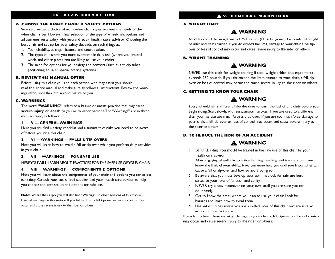 Sunrise Medical Breezy 150, Breezy 100 Choose the Right Chair & Safety Options, Review this Manual Often, General Warnings 