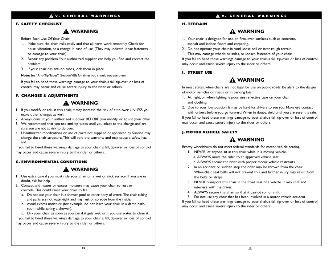 Sunrise Medical Breezy 100 Safety Checklist, Changes & Adjustments, Environmental Conditions, Terrain, Street USE 