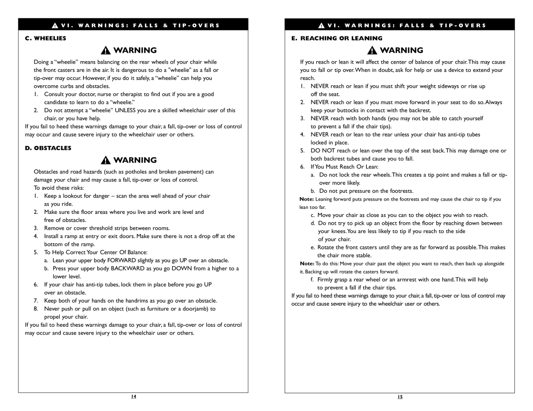 Sunrise Medical Breezy 100, Breezy 150 instruction manual Wheelies, Obstacles, Reaching or Leaning 