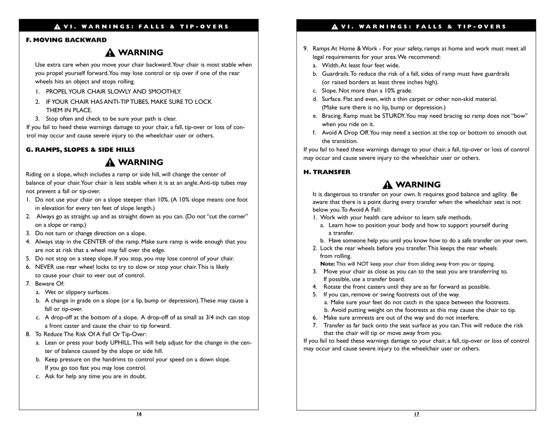 Sunrise Medical Breezy 150, Breezy 100 instruction manual Moving Backward, RAMPS, Slopes & Side Hills, Transfer 