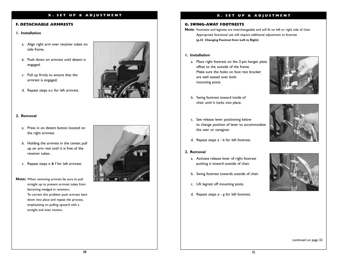 Sunrise Medical Breezy 100, Breezy 150 F. DETACHABLE ARMRESTS 1. Installation, Removal, G. Swing-Away Footrests 