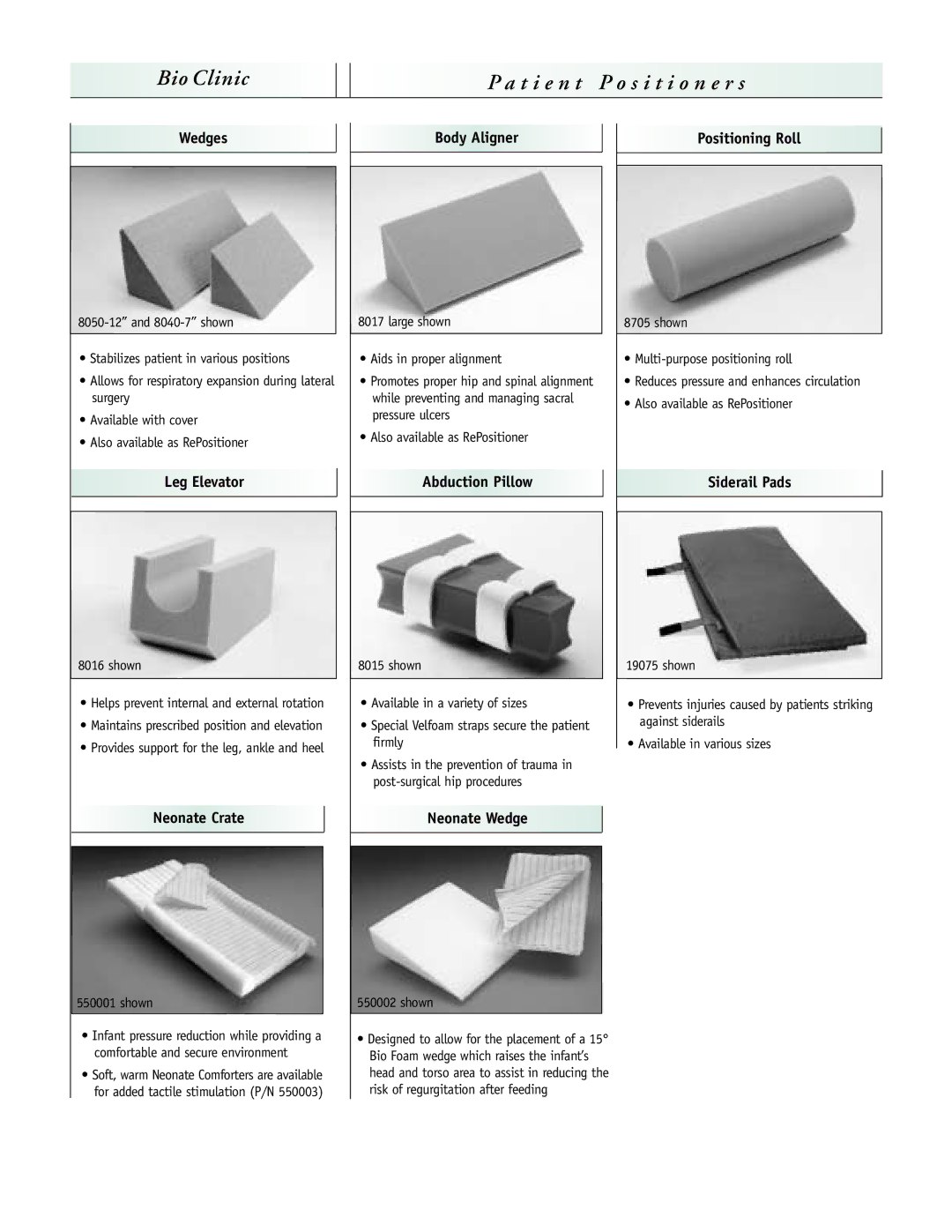 Sunrise Medical C18CWP12, C16CBS12 Wedges, Leg Elevator, Body Aligner, Abduction Pillow, Positioning Roll, Siderail Pads 