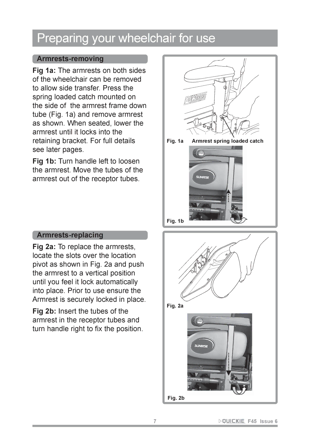 Sunrise Medical F45 owner manual Preparing your wheelchair for use, Armrests-removing, Armrests-replacing 