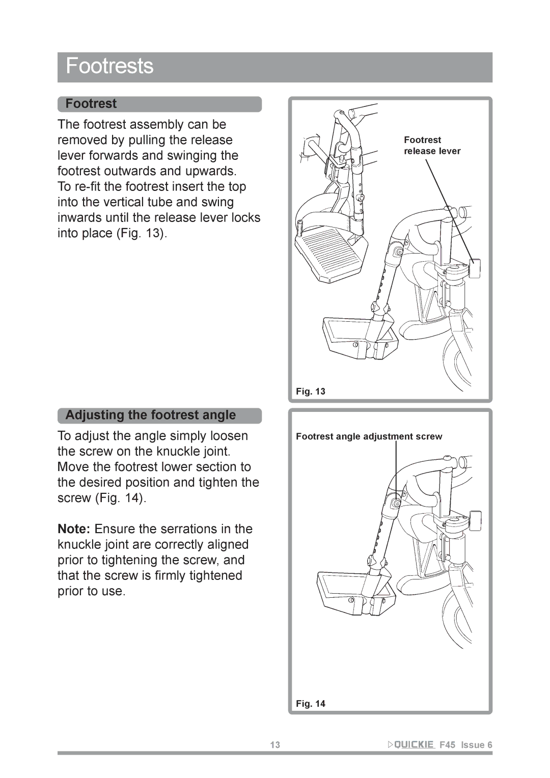 Sunrise Medical F45 owner manual Footrests, Adjusting the footrest angle 