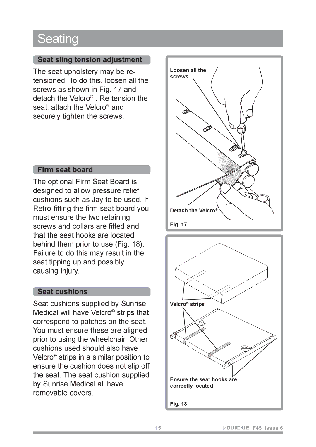 Sunrise Medical F45 owner manual Seating, Seat sling tension adjustment, Firm seat board, Seat cushions 