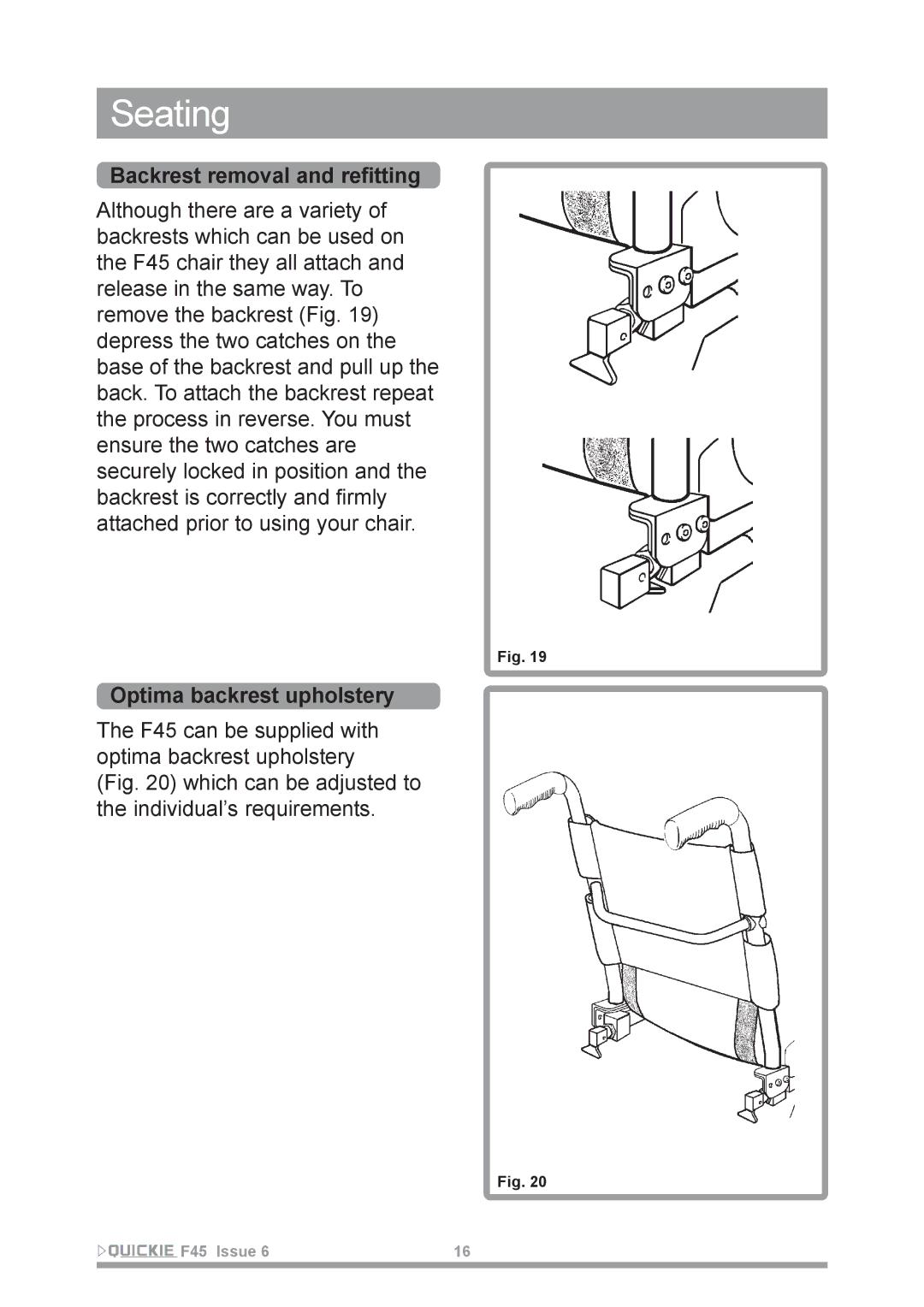 Sunrise Medical F45 owner manual Backrest removal and refitting, Optima backrest upholstery 