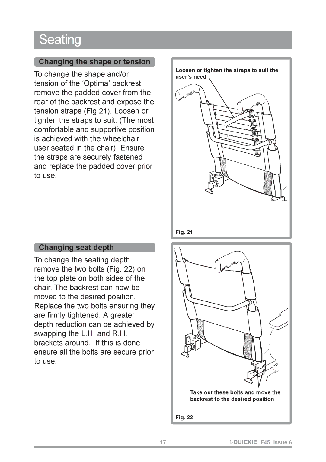 Sunrise Medical F45 owner manual Changing the shape or tension, Changing seat depth 