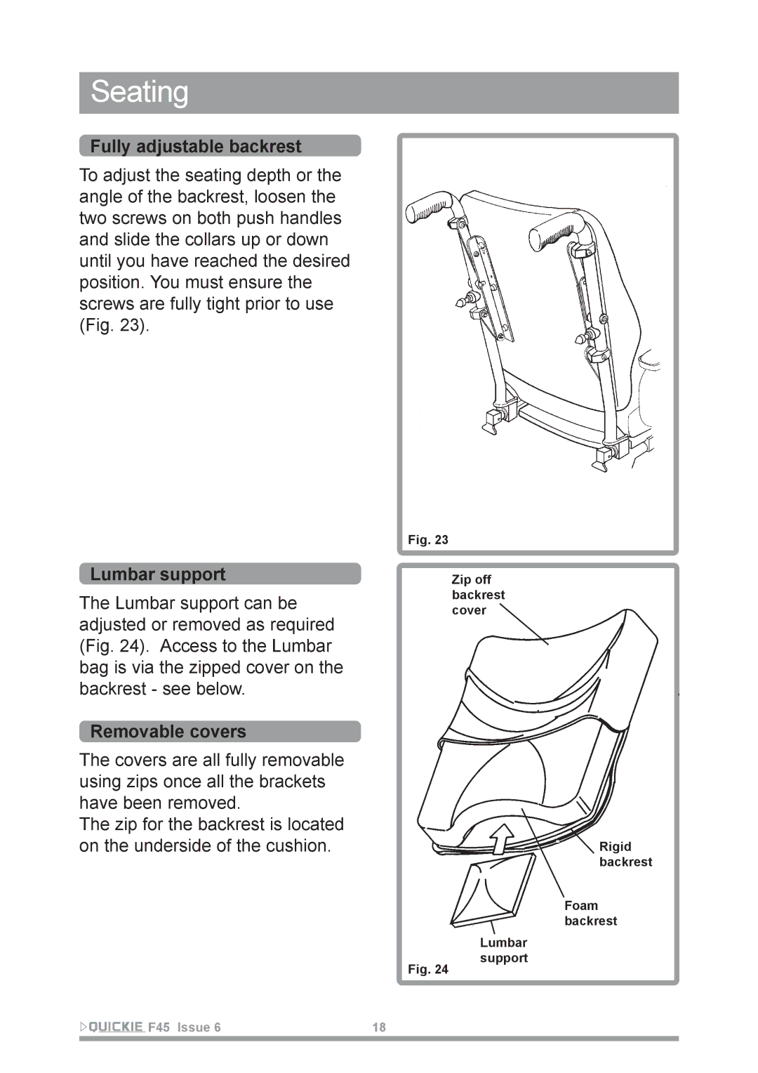 Sunrise Medical F45 owner manual Fully adjustable backrest, Lumbar support, Removable covers 