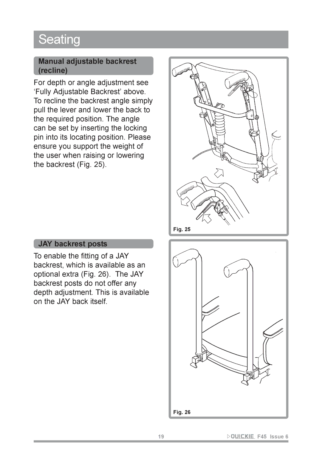 Sunrise Medical F45 owner manual Manual adjustable backrest recline, JAY backrest posts 