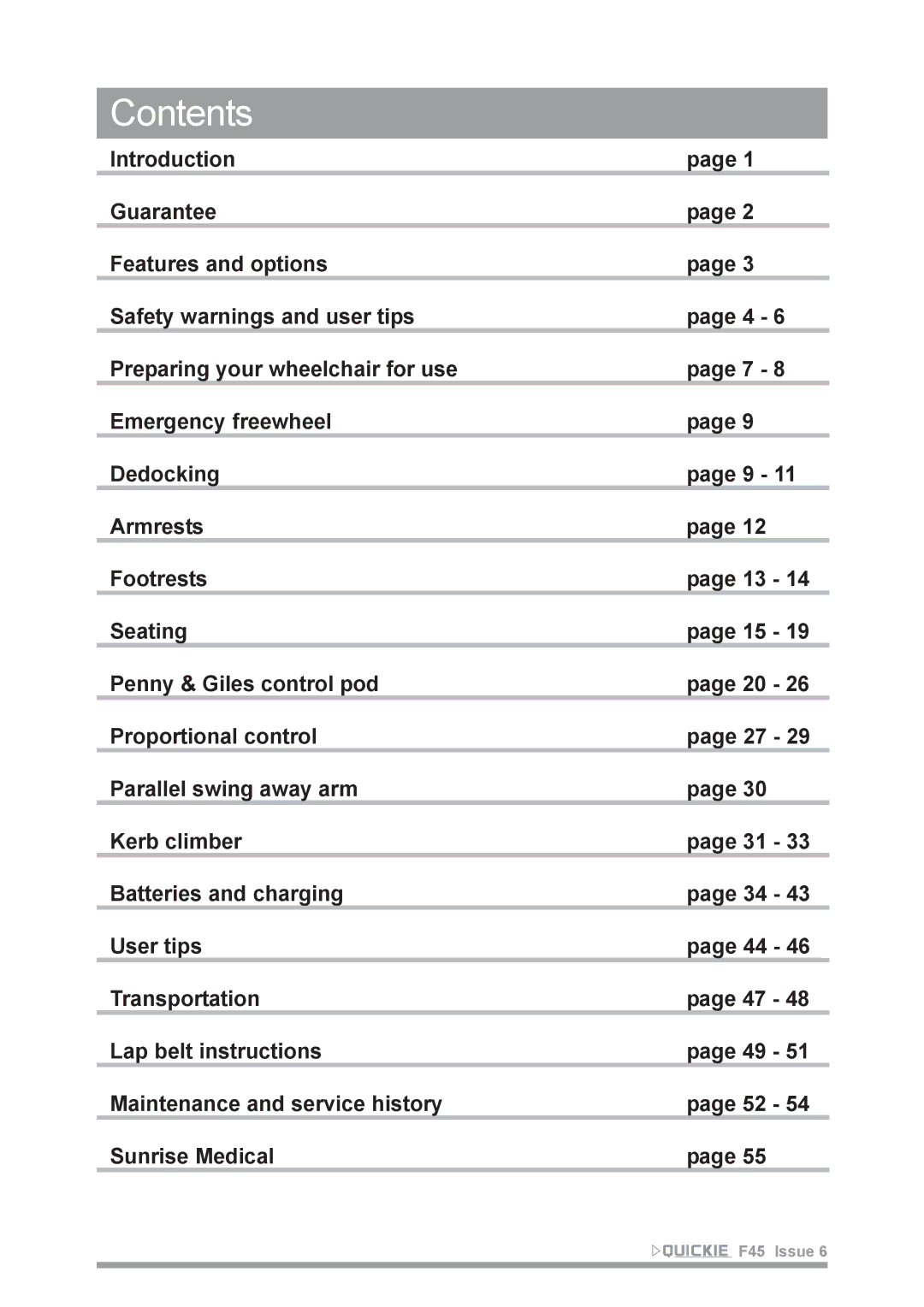 Sunrise Medical F45 owner manual Contents 