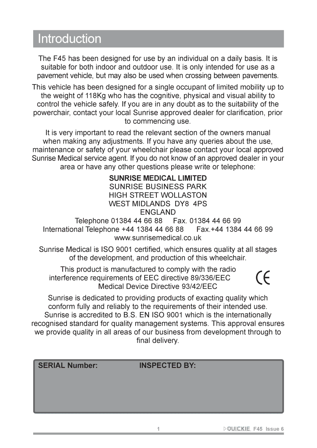 Sunrise Medical F45 owner manual Introduction, Serial Number 