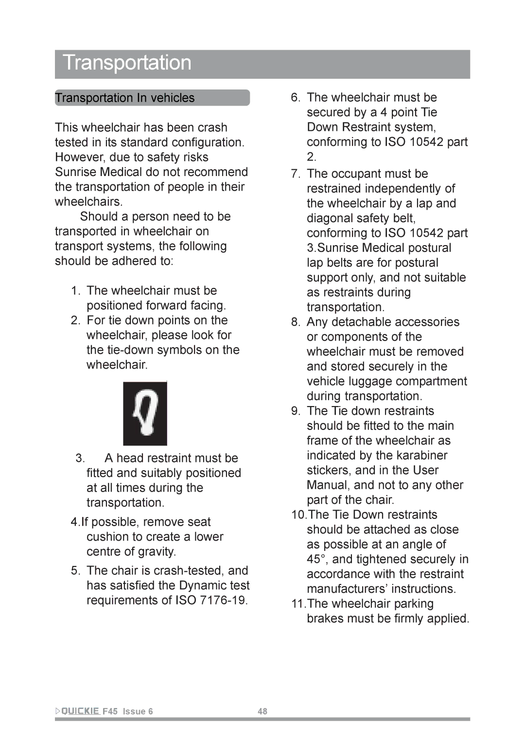 Sunrise Medical F45 owner manual Transportation In vehicles 