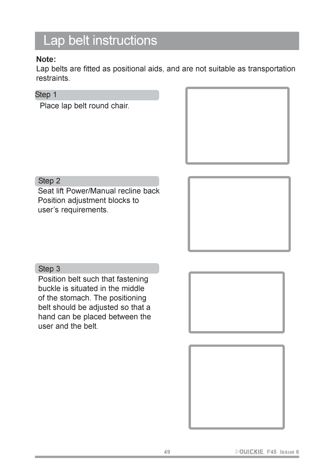 Sunrise Medical F45 owner manual Lap belt instructions 