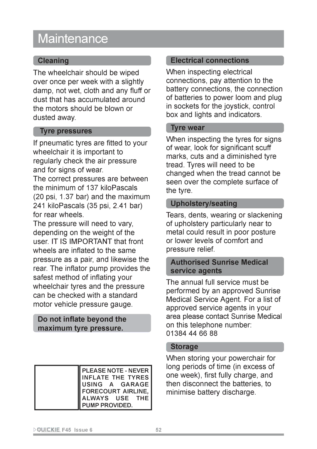 Sunrise Medical F45 owner manual Maintenance 