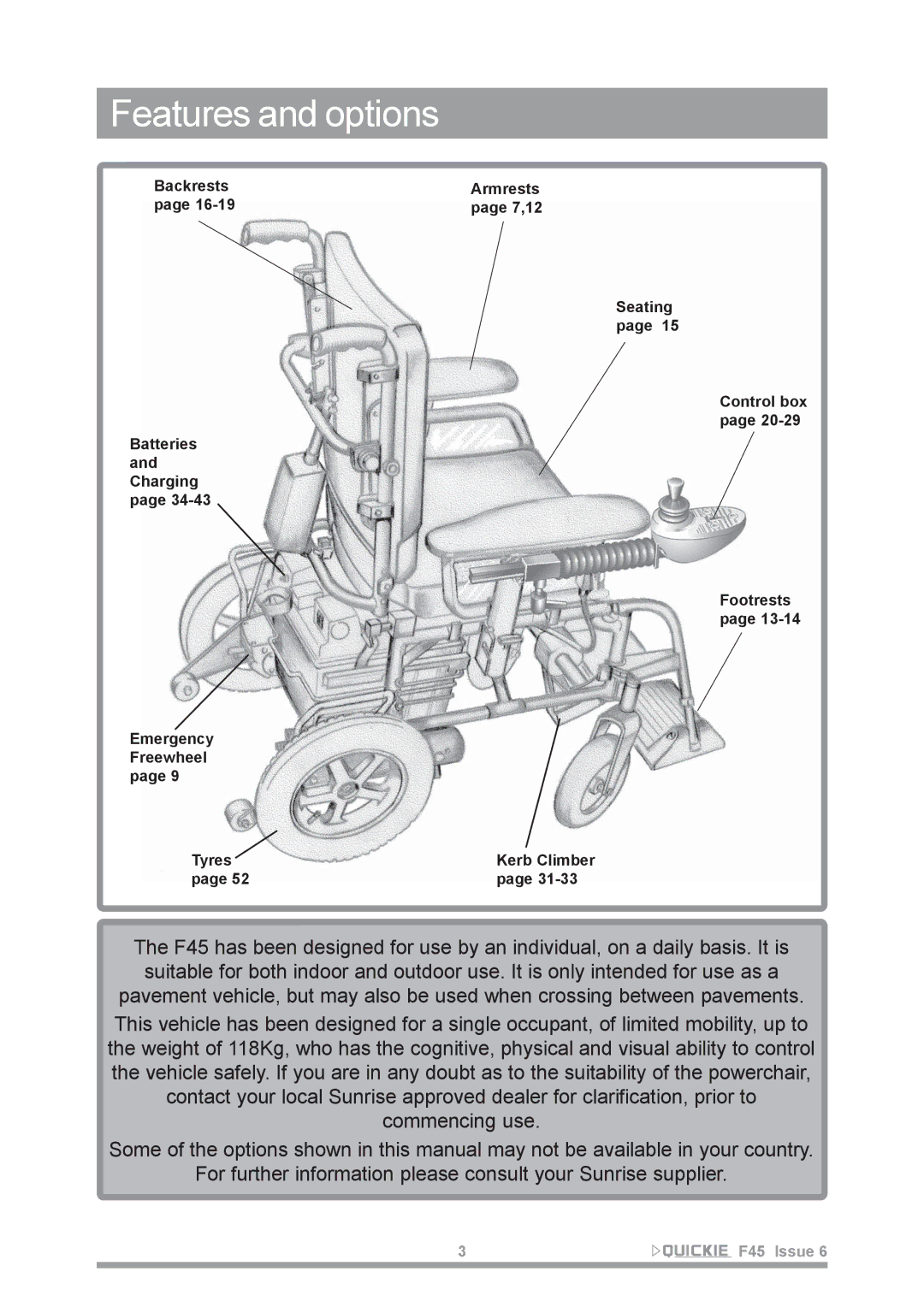 Sunrise Medical F45 owner manual Features and options 